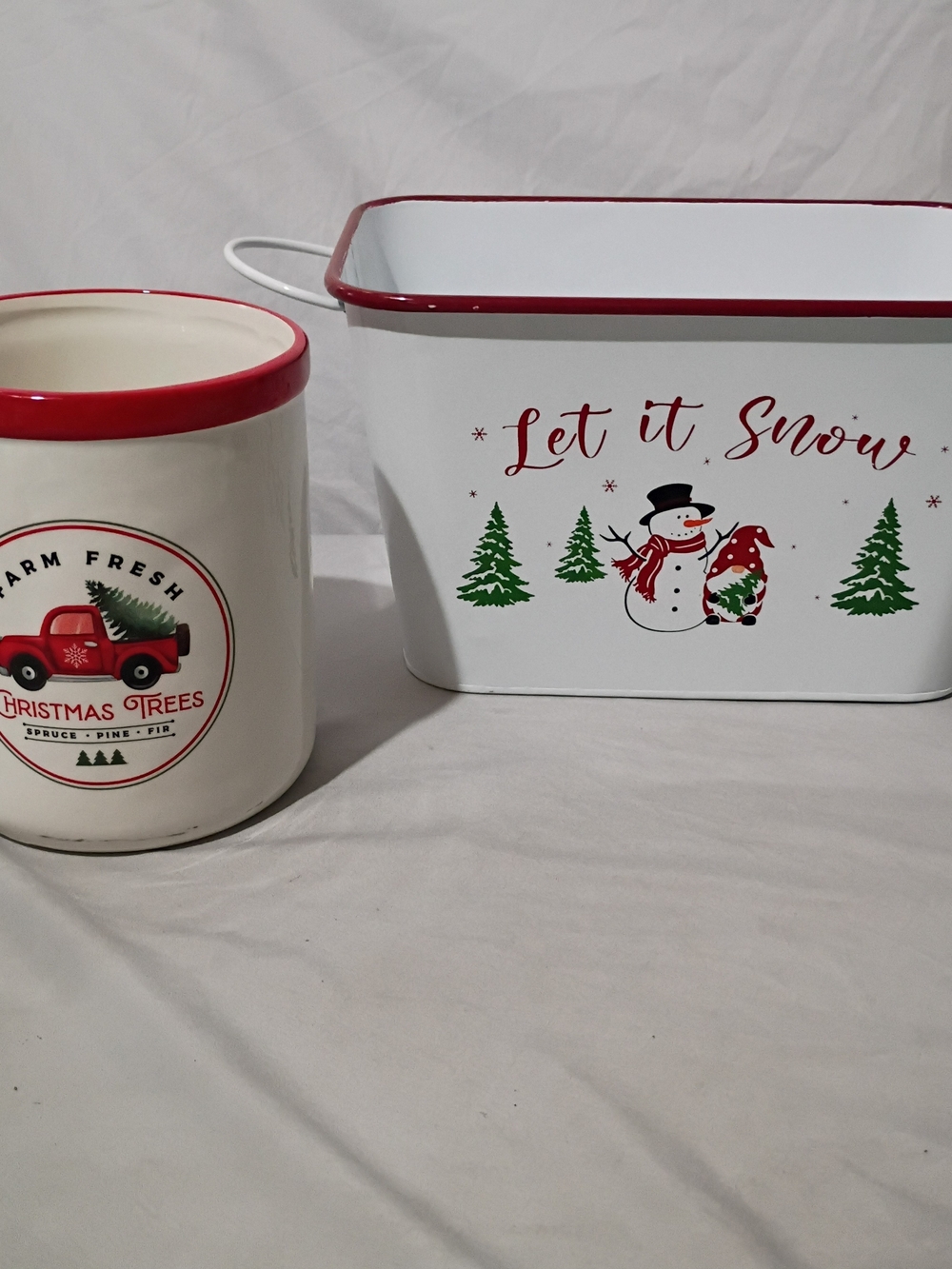 Christmas Decor 2 Pieces Metal Tin & Ceramic Utensil Holder